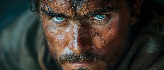 Intense Eyes of Resilience: A Man’s Weathered Tale. Concept Portrait Photography, Storytelling, Emotions, Resilience, Personal Journeys - obrazy, fototapety, plakaty