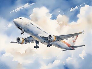 Fototapeta na wymiar watercolor painting isolated airplane on sky