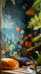 Detail shot of a statement wall mural in a child's bedroom, scandinavian style interior
