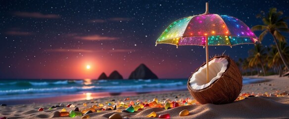 Coconut on the beach under a colorful umbrella - obrazy, fototapety, plakaty