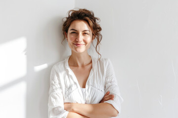 Portrait of a smiling confident woman in her forties, with crossed arms in front of a light grey wall background