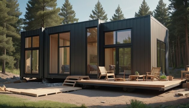 A modular home with large windows is nestled in a serene forest setting, featuring a spacious wooden deck.