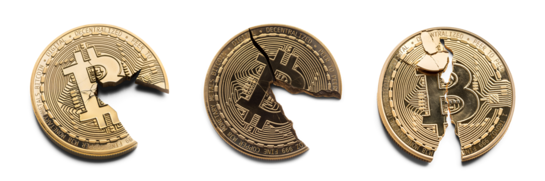 Three golden Bitcoin coin snapped into pieces. Png