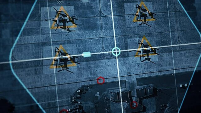 Scanner is looking for the position of the base used for military mission. Scanner has found the army mission base. Futuristic scanner has detected helicopters used on a mission at the military base.