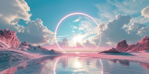 A pink round portal in the middle of the river that connected to the ocean and surrounded with the a huge pile of sand and sandstone mountain under the cloudy sky in the bright morning day. AIGX03. - obrazy, fototapety, plakaty