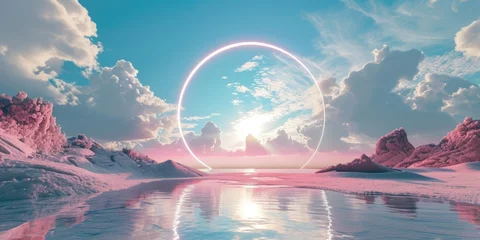 Foto op Plexiglas A pink round portal in the middle of the river that connected to the ocean and surrounded with the a huge pile of sand and sandstone mountain under the cloudy sky in the bright morning day. AIGX03. © Summit Art Creations