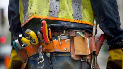 Fototapeta na wymiar Professional builder's tool belt with assorted tools.