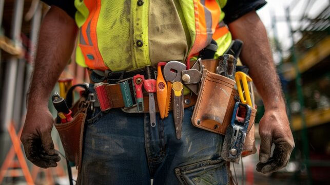 Construction worker's tool belt with various hand tools. Close-up of professional gear and equipment concept