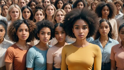 A diverse crowd of women with one in yellow standing out, symbolizing unity and individuality. - obrazy, fototapety, plakaty