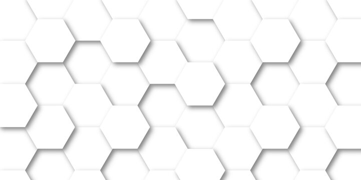 Abstract 3d background with hexagons backdrop background. A white marble wall with hexagon tiles for texture. honeycomb white Background ,light and shadow. Top view. Abstract background.