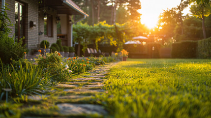 Fototapeta premium Tranquil garden scene from above featuring winding path and leafy trees