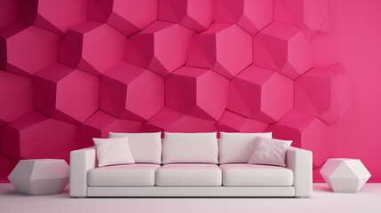 eometric patterns and Peach colour lines on the 3D Fuchsia color wall adding depth and visual interest to the space surrounding the pristine white sofa.