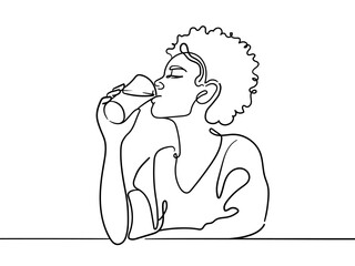 Girl drinks coffee and enjoys isolated on white background. Enjoy morning life line art drawing. Vector illustration