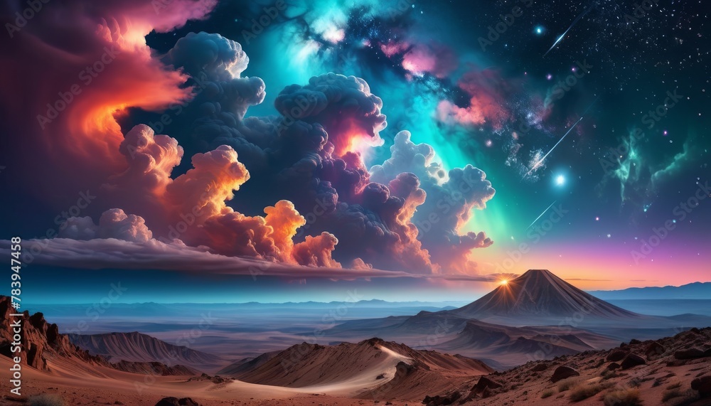Poster an imaginative scene depicting a vibrant nightscape over a desert with vividly colored clouds and ce