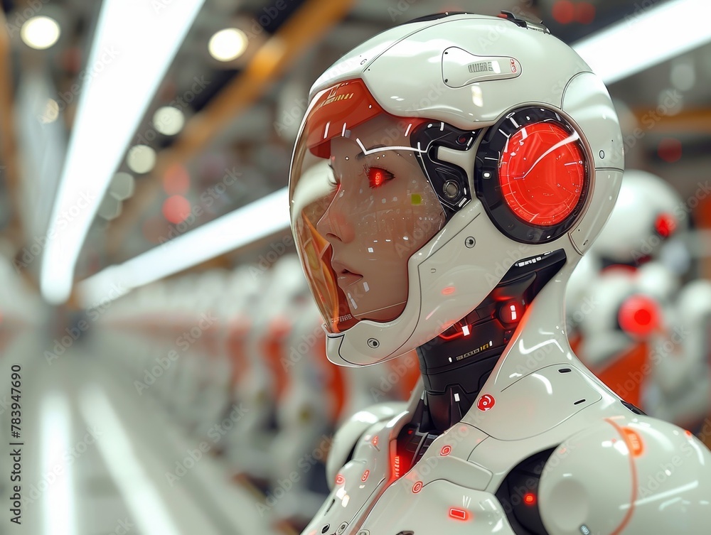 Poster in the advanced robotics lab, engineers develop cutting edge humanoid robots for a futuristic world