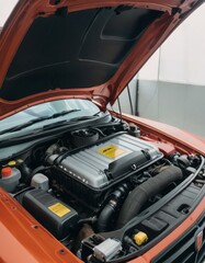 The hood is open, revealing the detailed engine of a high-performance orange sports car in a clean workshop.