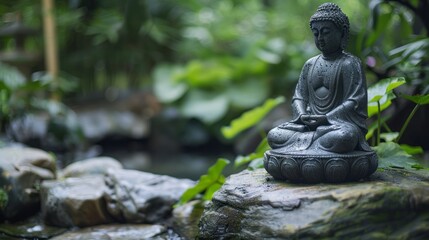 Buddha statue sitting on rocks by water in a dense green jungle environment. Zen and nature harmony concept.