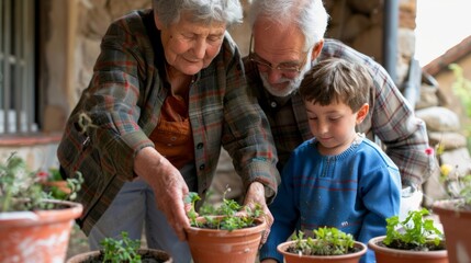 Elderly couple and young boy gardening together, planting in terracotta pots - Powered by Adobe