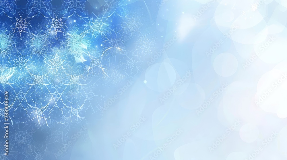 Poster intricate geometric patterns and abstract christmas motifs on a light blue background with a shimmer