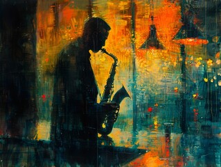 Naklejka premium Atmospheric jazz bar, saxophonist playing, dimly lit, intimate and soulful