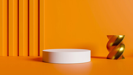 a white pedestal in a room with a yellow wall