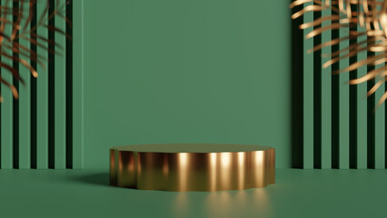 a gold pedestal in a green room with palm leaves