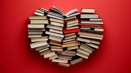 Heart Shape Made of Books on Red Background