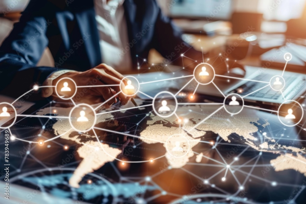 Poster businessperson interacting with a digital interface showing a worldwide network and connections