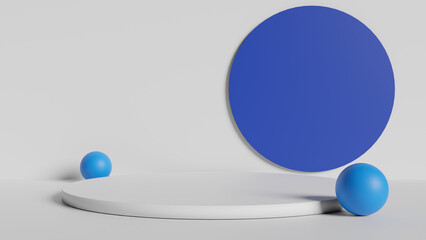 a blue circle with three blue balls on a white platform