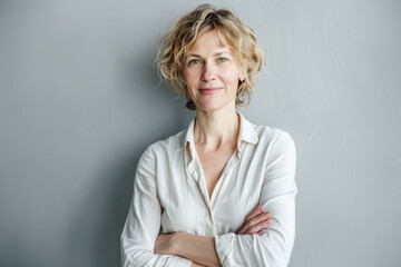 Portrait of a smiling confident woman in her forties, with crossed arms in front of a grey wall background