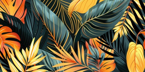Vibrant autumn hues dance across a dense tropical leaf pattern, transitioning from lush greens to fiery oranges and yellows, evoking the beauty of the changing seasons.