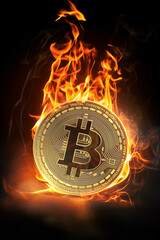 A bitcoin burning intensely against a black background.