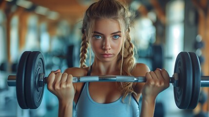 beautiful Young woman lifting weights in gym wide-angel full body shot created by ai