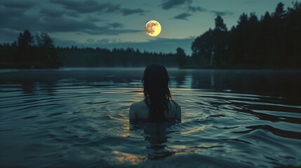 A woman in water looking at a full moon in the background.