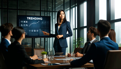 Fototapeta premium successful businesswoman leading a discussion on trending products in a corporate office