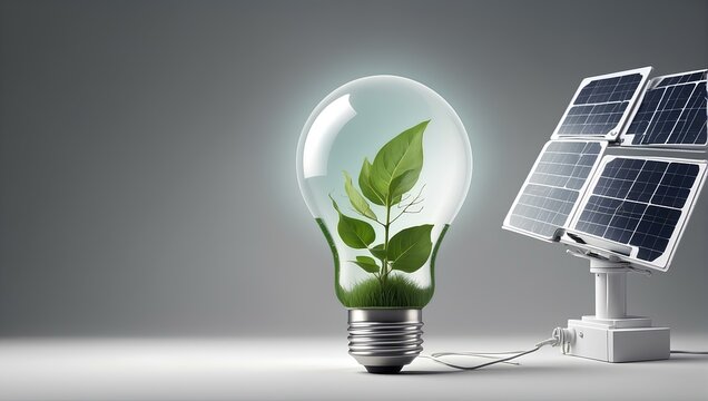 solar panel with nature bulb background, copy space, renewable energy concept, clean energy 