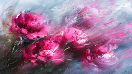 Vibrant Abstract Floral Artwork with Pink Blooms Brush Strokes - 783950663