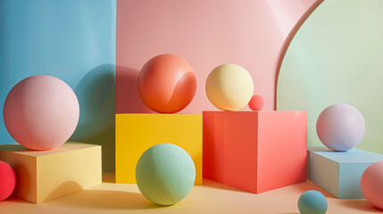 Colorful Spheres on Pastel Geometric Shapes Composition - 783950838