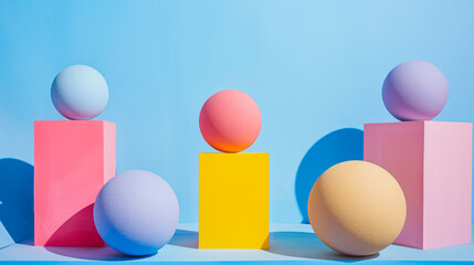 Vibrant Geometric Balance: Pastel Spheres on Colored Blocks - 783950853