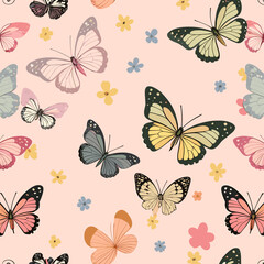 Seamless pattern with small, colorful butterflies and daisies on a light pink background