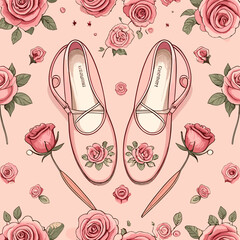 Seamless pattern with small, elegant ballet slippers and roses on a soft pink background