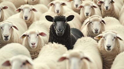 A herd of sheep, including a black sheep among white ones, standing closely together in a field.
