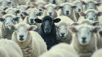 A group of white sheep standing closely next to each other, with a black sheep among them, in a field.