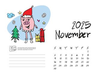 Calendar 2025 design template with Cute Pig vector illustration, November 2025, Lettering, Desk calendar 2025 layout, planner, wall calendar template, pig cartoon character, holiday event