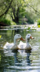 Two white ducks gracefully swimming in a body of water.