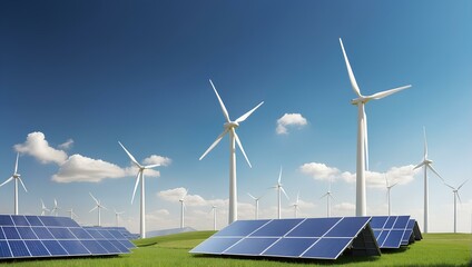 solar panels and wind turbines background, copy space, renewable energy concept, clean energy 