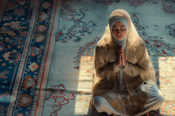 A woman in a white robe sits on a rug and prays