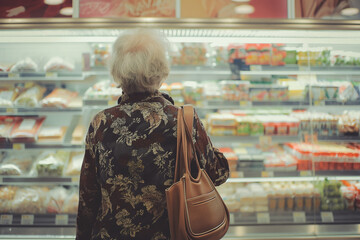 A woman in a floral print jacket is shopping in a grocery store