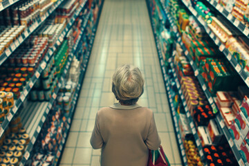 A woman is shopping in a grocery store