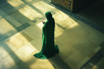 A woman in a green robe is standing in a room with a green floor